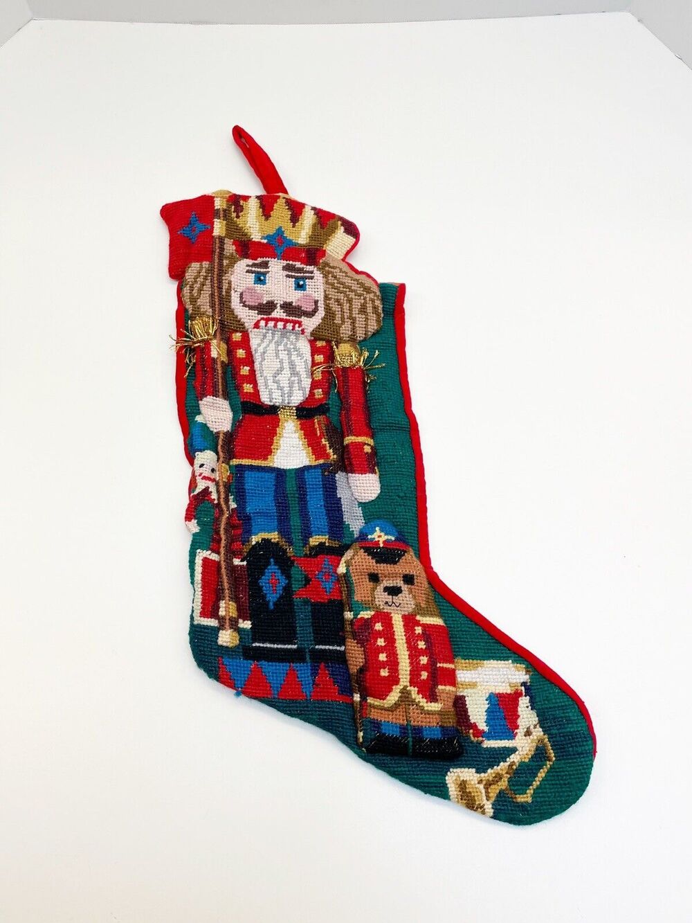 Vintage Needlepoint Wool Christmas Stocking Nutcracker Teddy Bear 3D